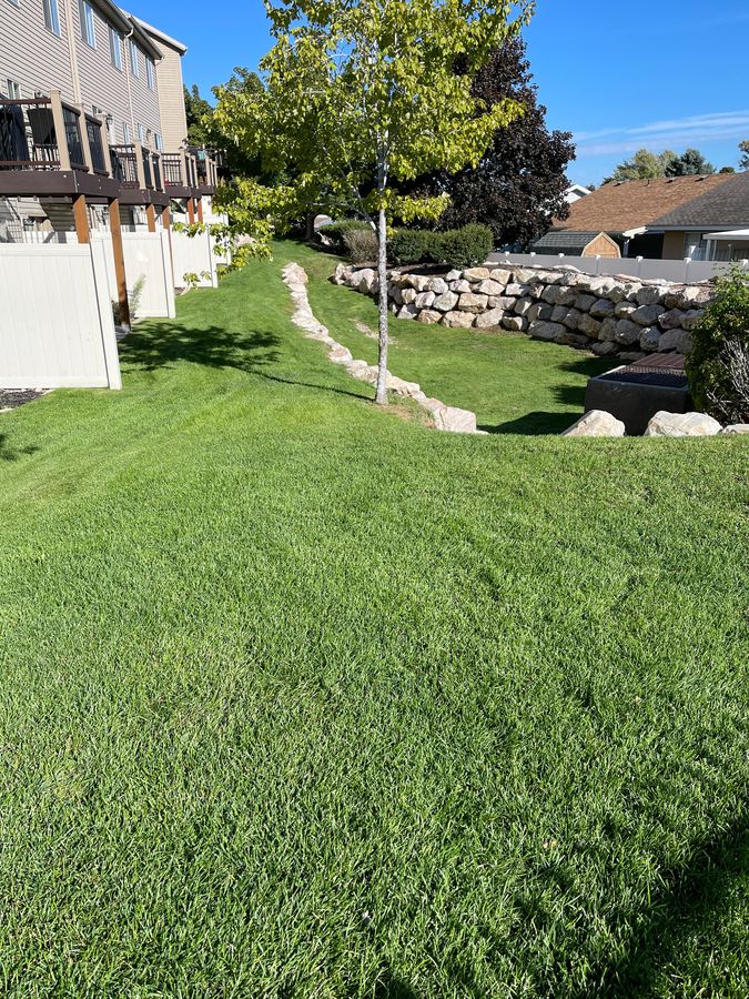 Boulder retaining wall and drainage swale